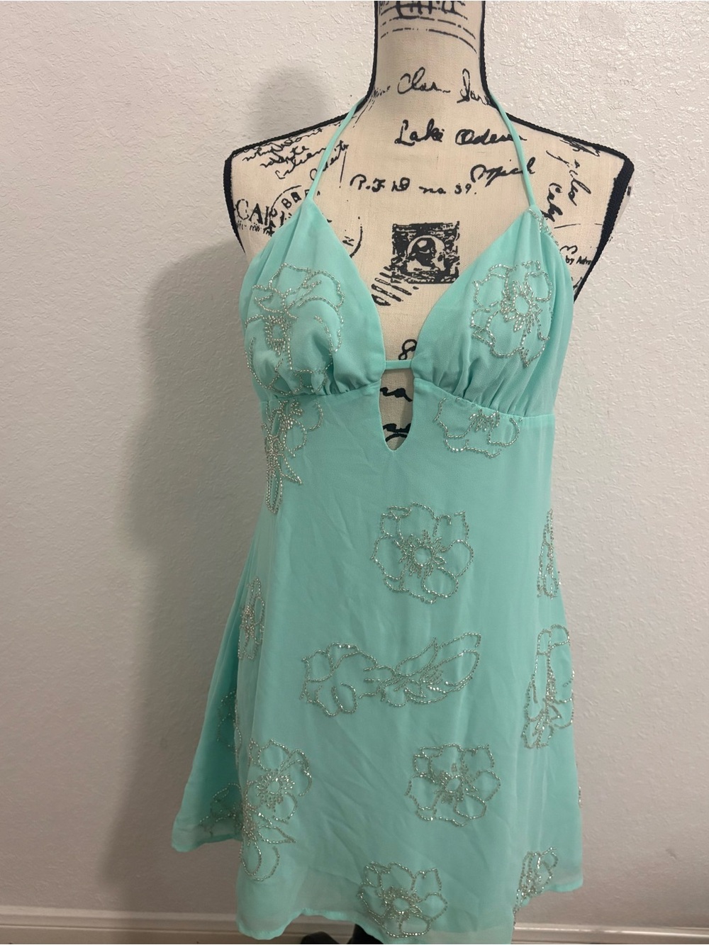 Y2K Windsor Teal Halter Top Dress With Silver Floral Embroidery